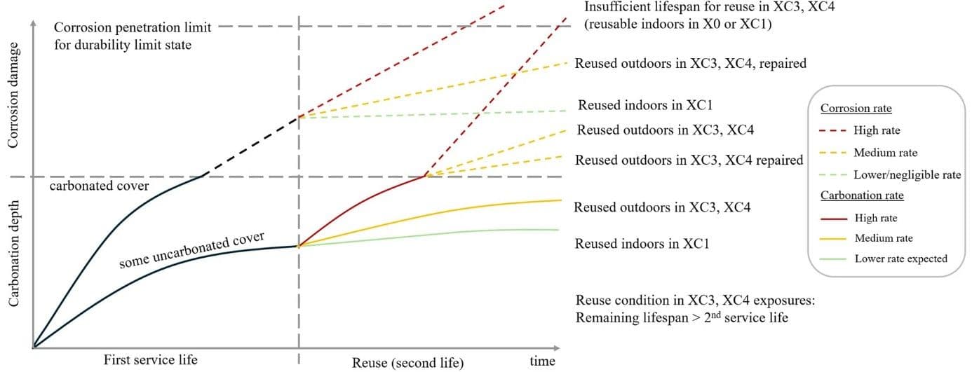 Service life scenarios considering two life cycles, and carbonation and corrosion across exposures