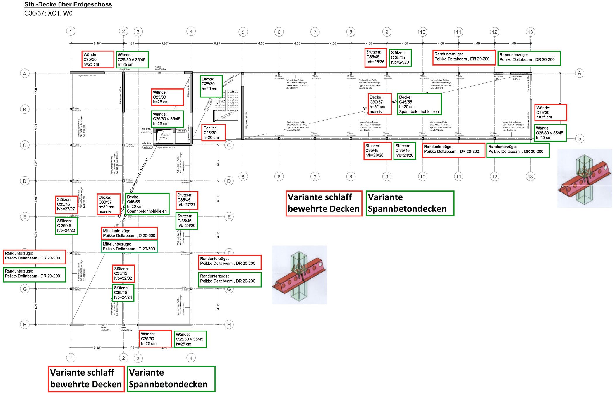Bild 2 Gegenüberstellung der Tragwerksdimensionierung in der gebauten Version mit Spannbeton-Fertigdecken und in der alternativen Halbfertigteilvariante (exemplarisch Bauteil A, EG-Decke) Quelle: HTW Berlin