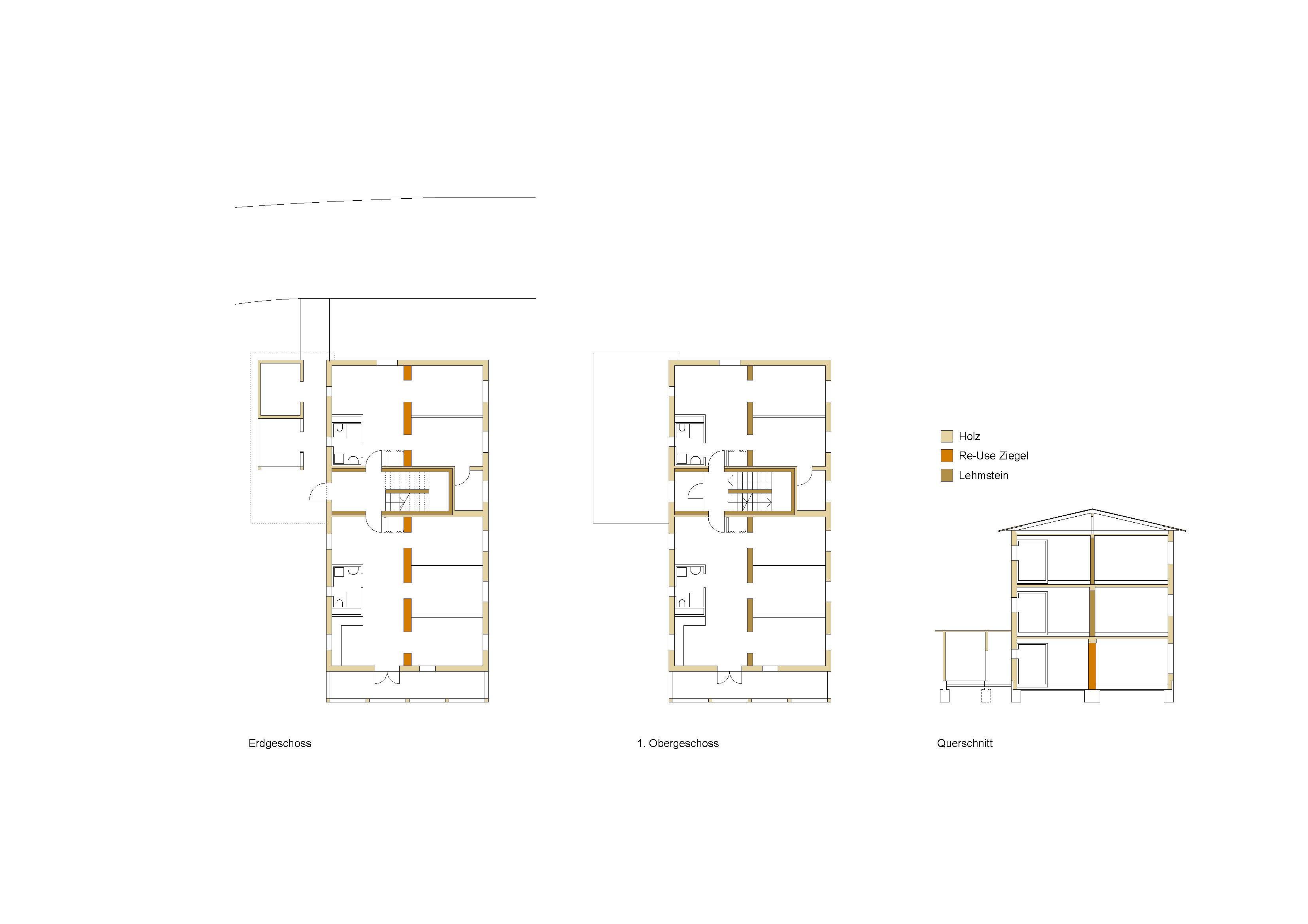Bild 6 Grundriss und Schnitt Mehrfamilienhaus, Haus Nr. 1 mit Darstellung der verwendeten Baustoffe – Forschungshäuser 2 in Bad Aibling Quelle: Florian Nagler Architekten GmbH