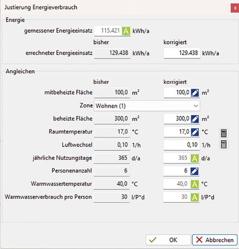 Bild 3 Dialog Justierung Energieverbrauch / Energiebedarf (Quelle: Envisys)